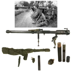 Original U.S. WWII 1945 Dated Paratrooper M18 Recoilless Rifle with Field Cover, 57mm Round in Canister & More - Inert