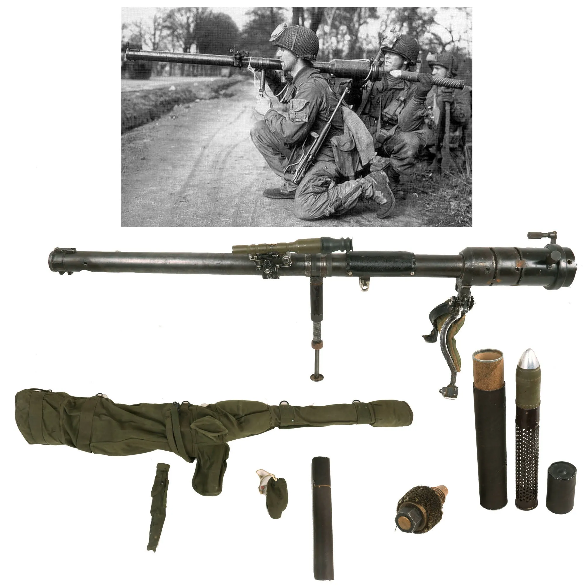 Original U.S. WWII 1945 Dated Paratrooper M18 Recoilless Rifle with Field Cover, 57mm Round in Canister & More - Inert