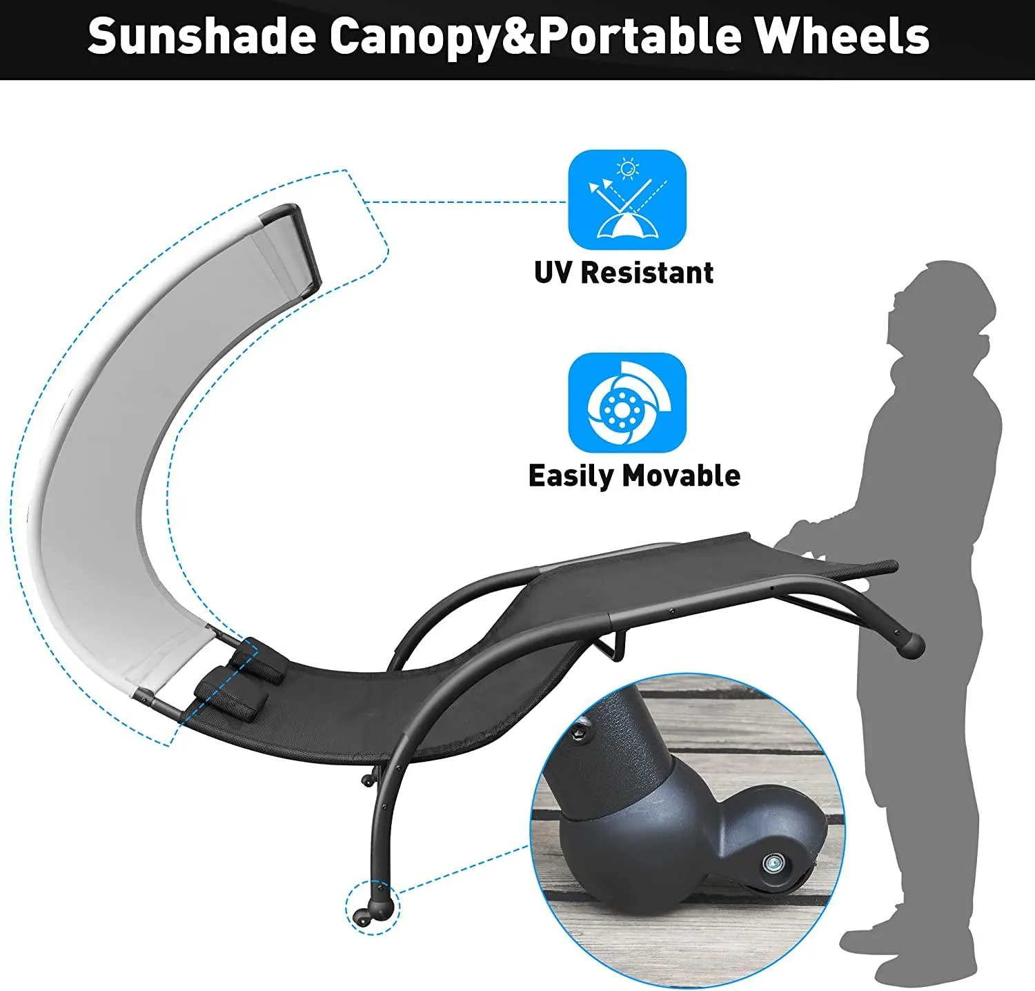Outdoor Double Chaise Lounge Bed Chair with Canopy & Both Removable Pillows