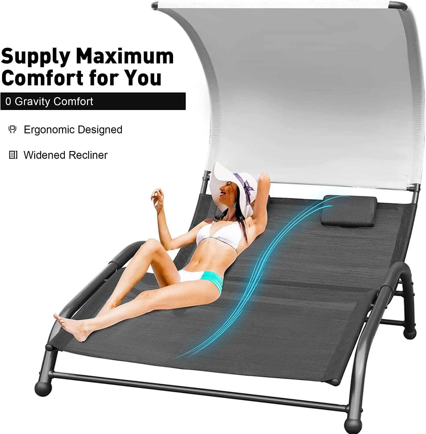 Outdoor Double Chaise Lounge Bed Chair with Canopy & Both Removable Pillows