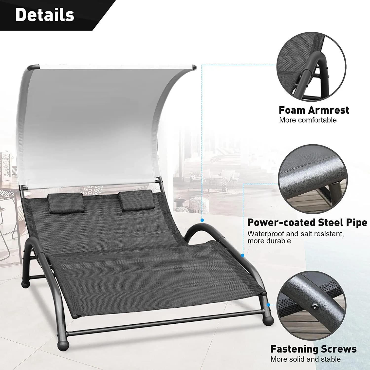 Outdoor Double Chaise Lounge Bed Chair with Canopy & Both Removable Pillows