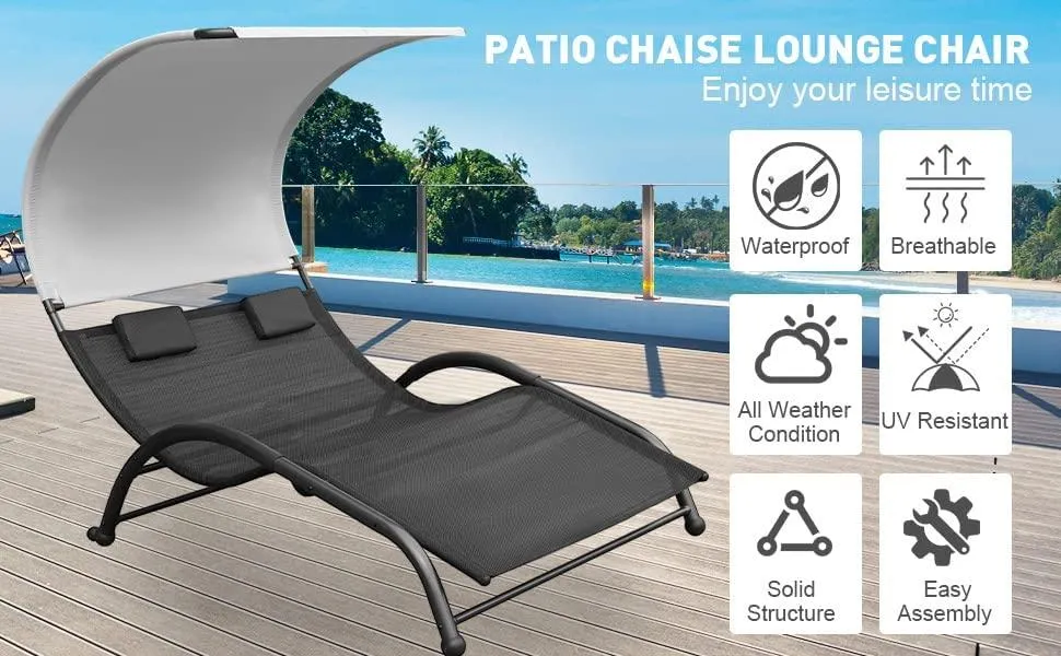 Outdoor Double Chaise Lounge Bed Chair with Canopy & Both Removable Pillows