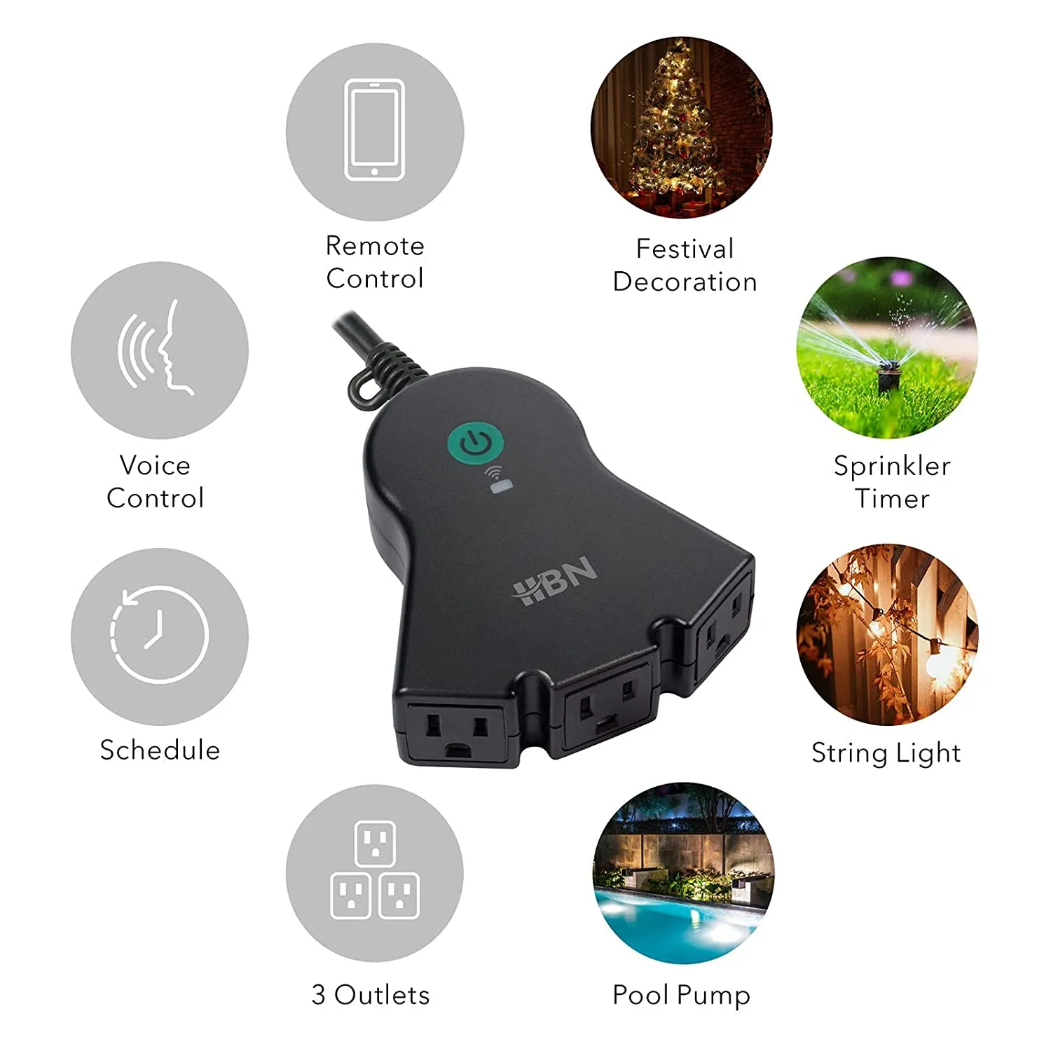 Outdoor Smart Plug Wi-Fi Heavy Duty Outlet with 3 Independent Outlets Compatible Function HBN