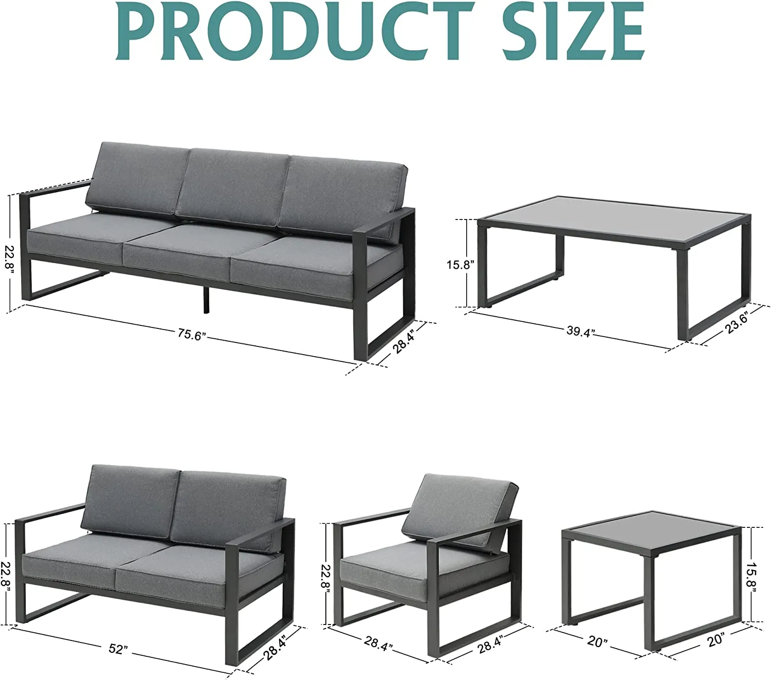 Patio Furniture Aluminum Outdoor Loveseat, All-Weather Patio Sofa Modern Metal Couch