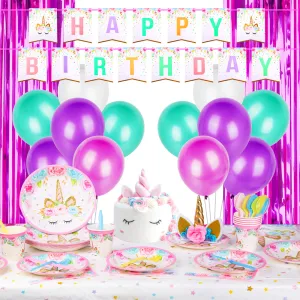 PROLOSO 142 Pcs Unicorn Theme Party Supplies Set (Serves 16 guests) with Disposable Tableware Cutlery, Headband, Happy Birthday Banner, Pink Foil Fringe Curtain and Balloons