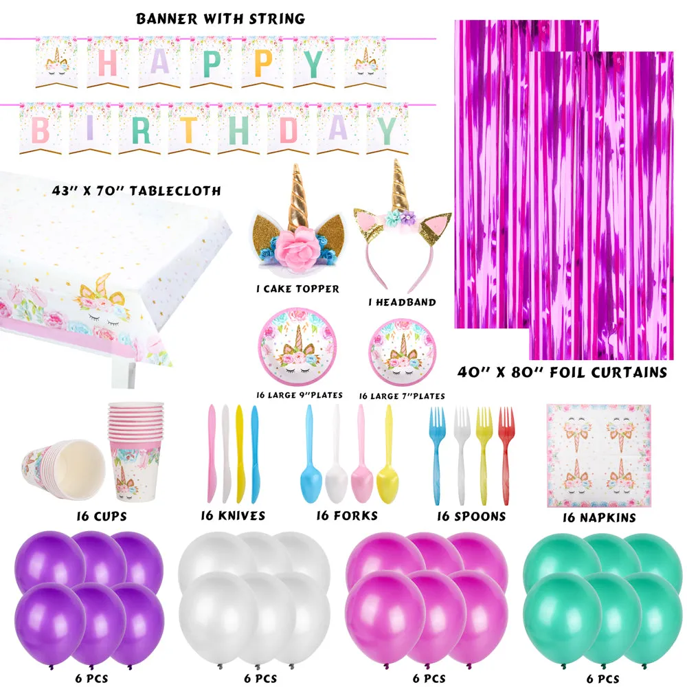 PROLOSO 142 Pcs Unicorn Theme Party Supplies Set (Serves 16 guests) with Disposable Tableware Cutlery, Headband, Happy Birthday Banner, Pink Foil Fringe Curtain and Balloons