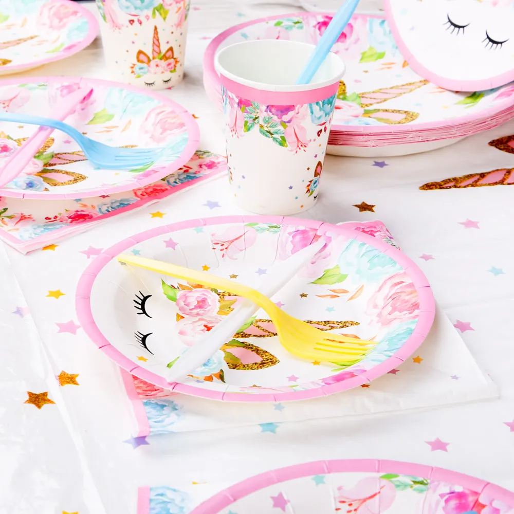 PROLOSO 142 Pcs Unicorn Theme Party Supplies Set (Serves 16 guests) with Disposable Tableware Cutlery, Headband, Happy Birthday Banner, Pink Foil Fringe Curtain and Balloons