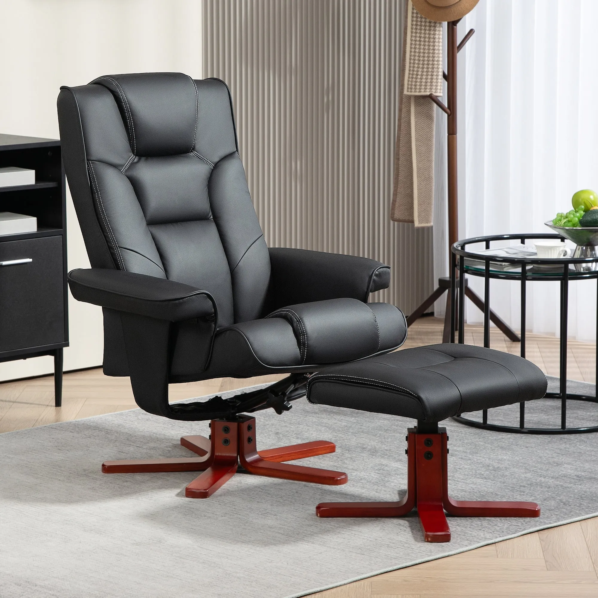 Reclining Armchair with Footstool and Adjustable Backrest, Black