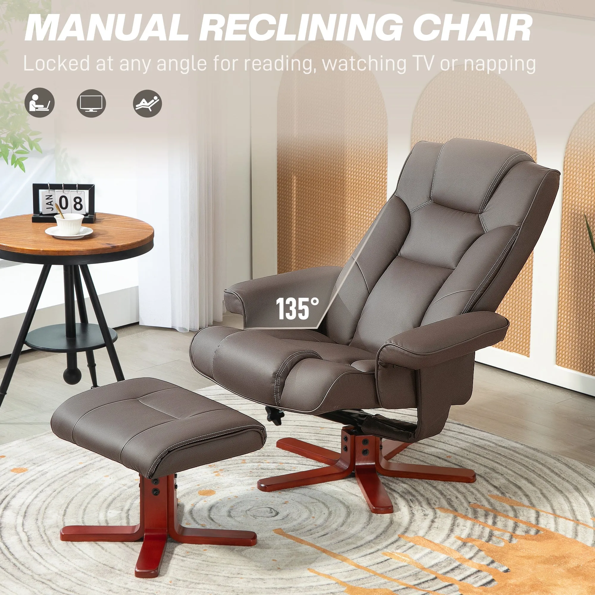 Reclining Armchair with Footstool and Adjustable Backrest, Brown