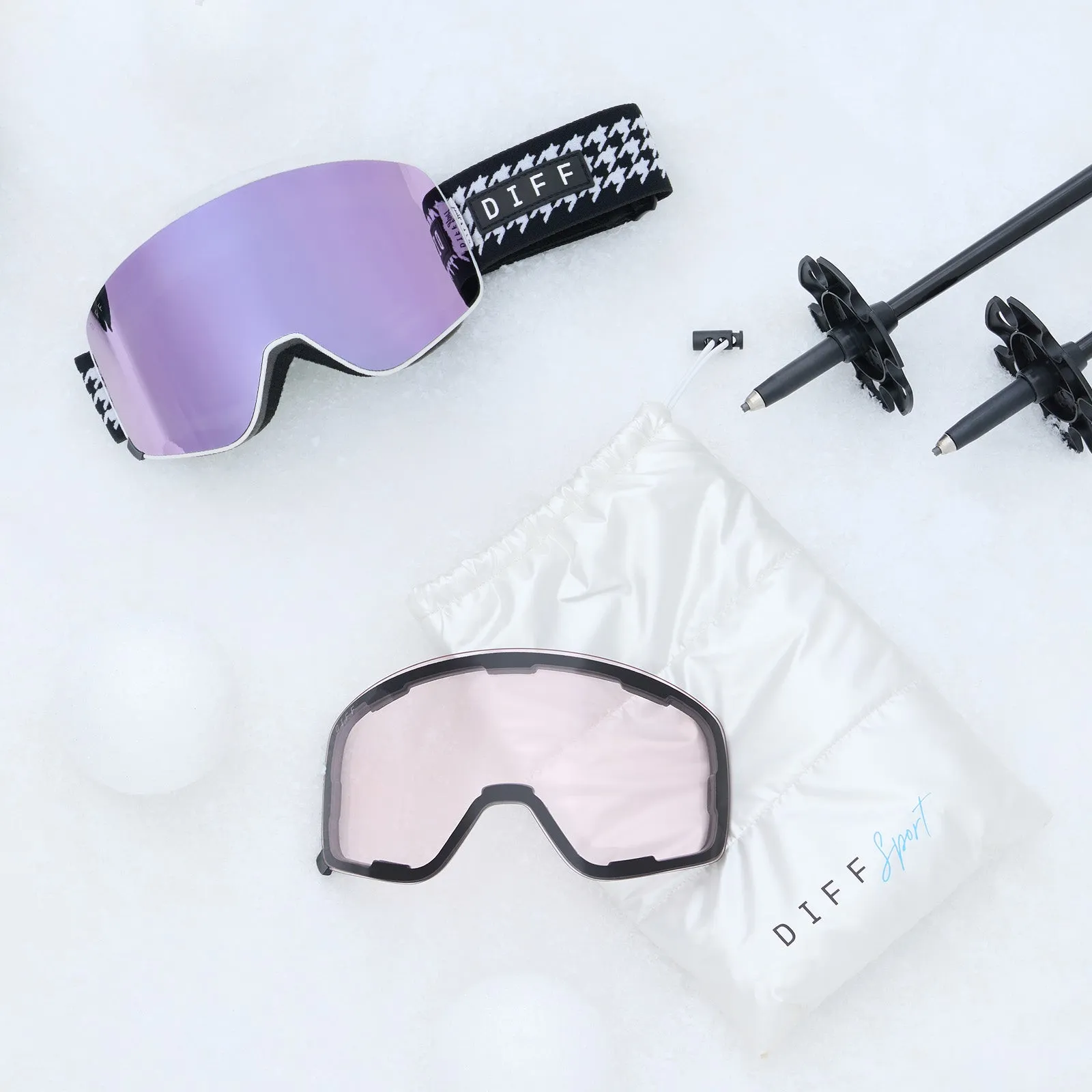 SNOW GOGGLES - FROST   HOUNDSTOOTH   LILAC MIRROR   POLARIZED GOGGLES & FREE AURORA PINK LENS