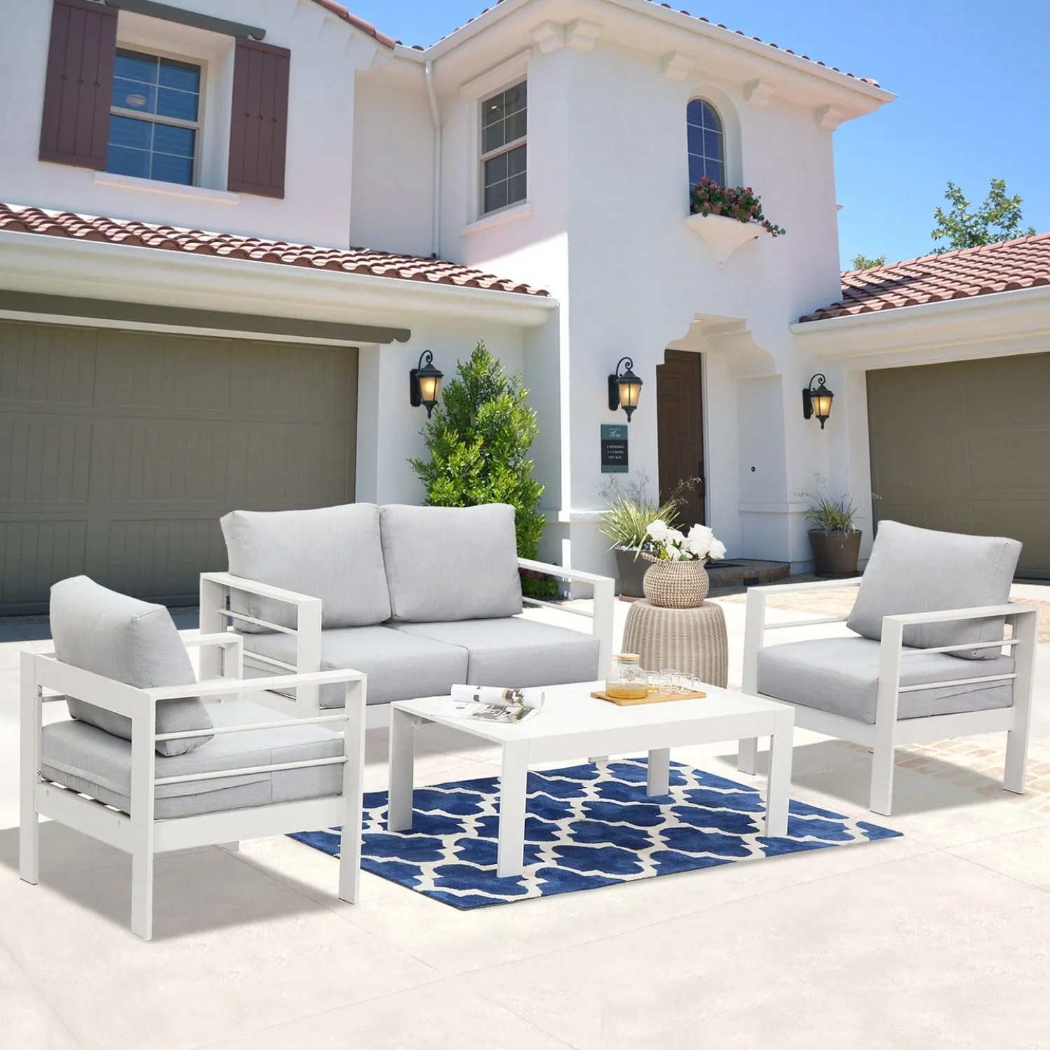 Superjoe Superjoe 2-Piece Outdoor Patio Aluminum Armchair Sofa with Cushions, White