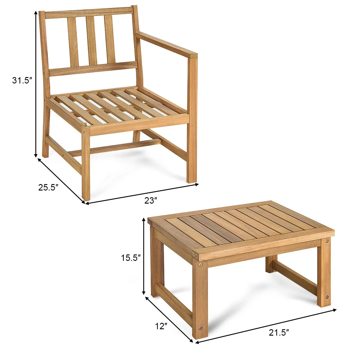 Tangkula 3 in 1 Acacia Wood Loveseat with Separable Coffee Table, 3-Piece Wooden Chairs Set with Cushions