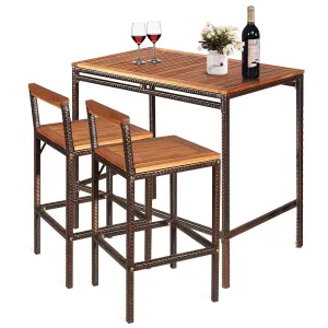 Tangkula 3 PCS Patio Bar Table Set, Outdoor Rattan Bar Set Bistro Set with Acacia Wood Top