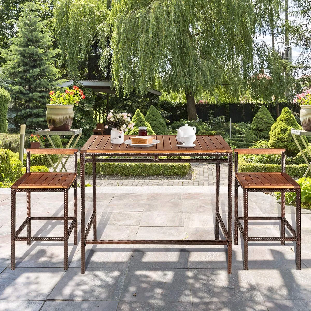 Tangkula 3 PCS Patio Bar Table Set, Outdoor Rattan Bar Set Bistro Set with Acacia Wood Top