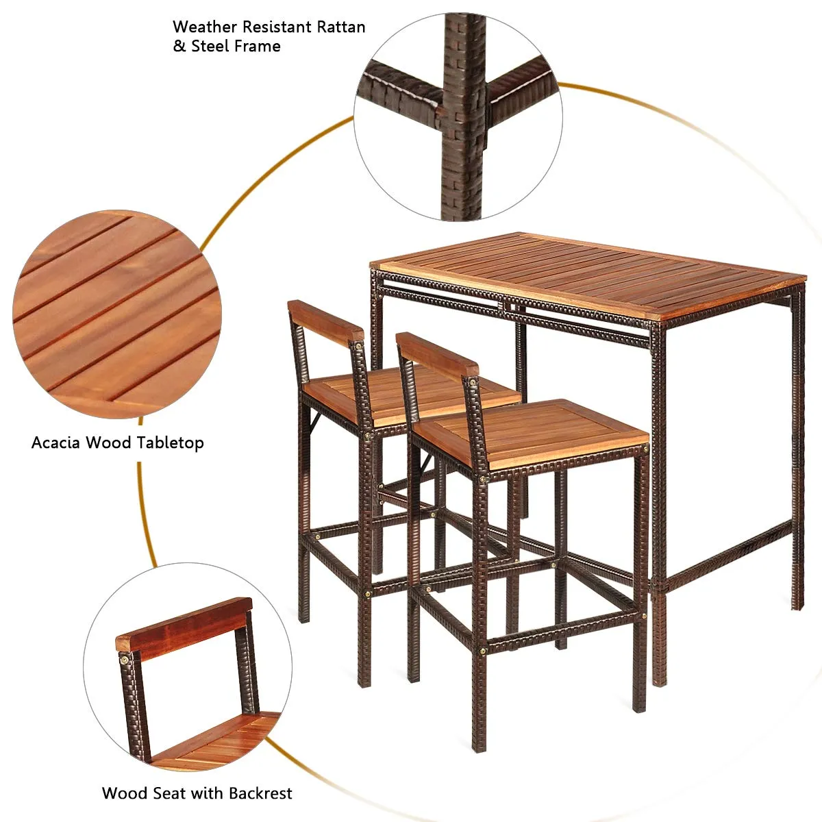 Tangkula 3 PCS Patio Bar Table Set, Outdoor Rattan Bar Set Bistro Set with Acacia Wood Top