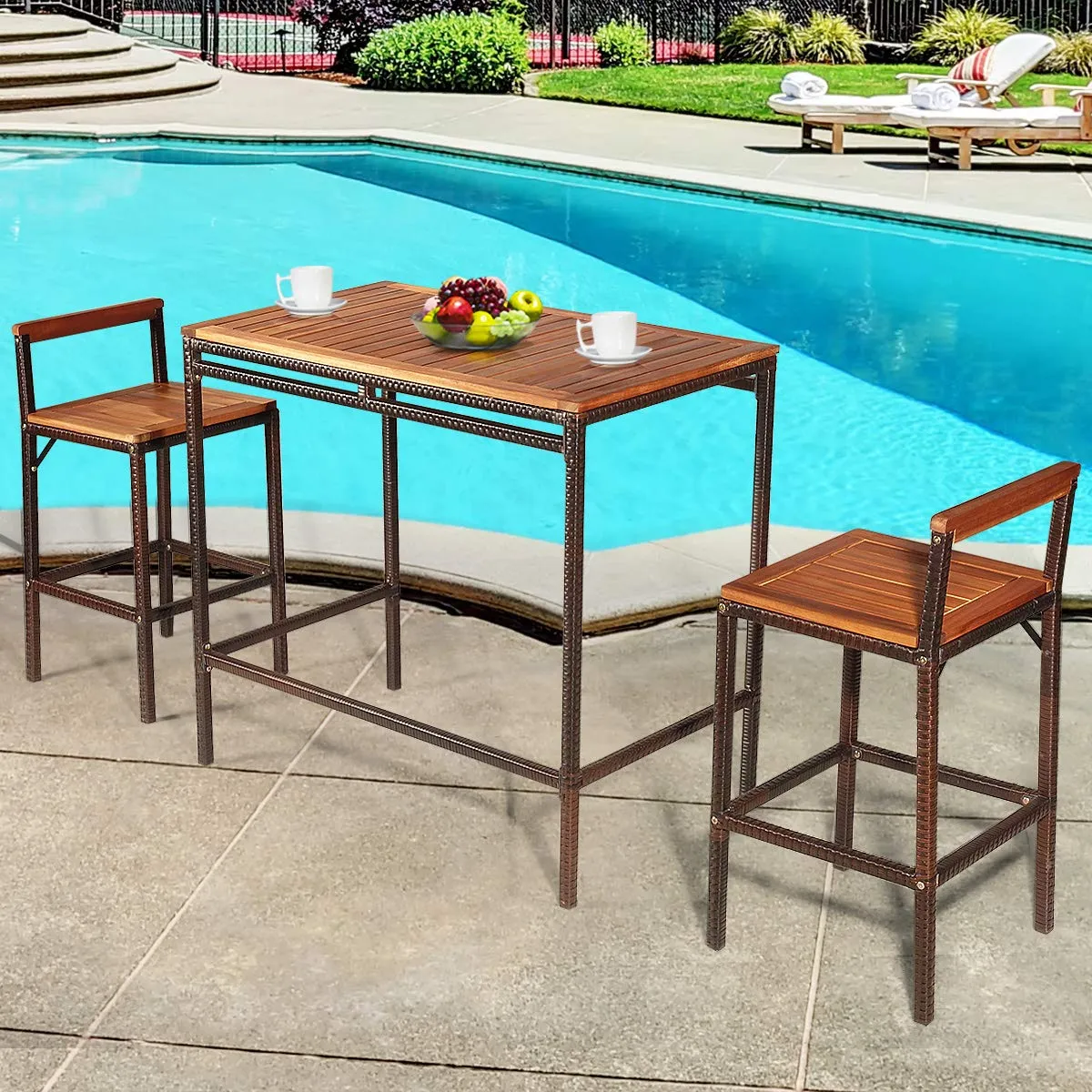 Tangkula 3 PCS Patio Bar Table Set, Outdoor Rattan Bar Set Bistro Set with Acacia Wood Top