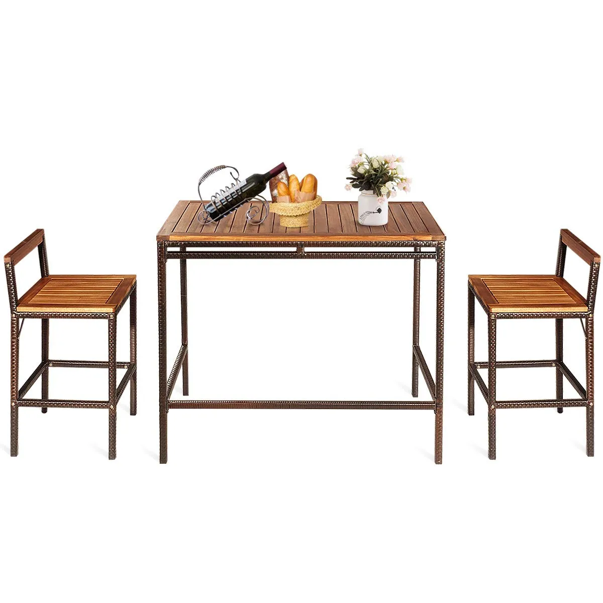 Tangkula 3 PCS Patio Bar Table Set, Outdoor Rattan Bar Set Bistro Set with Acacia Wood Top