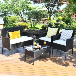 Tangkula Patio Furniture Set, Outdoor Wicker Conversation Set with Tempered Glass Coffee Table
