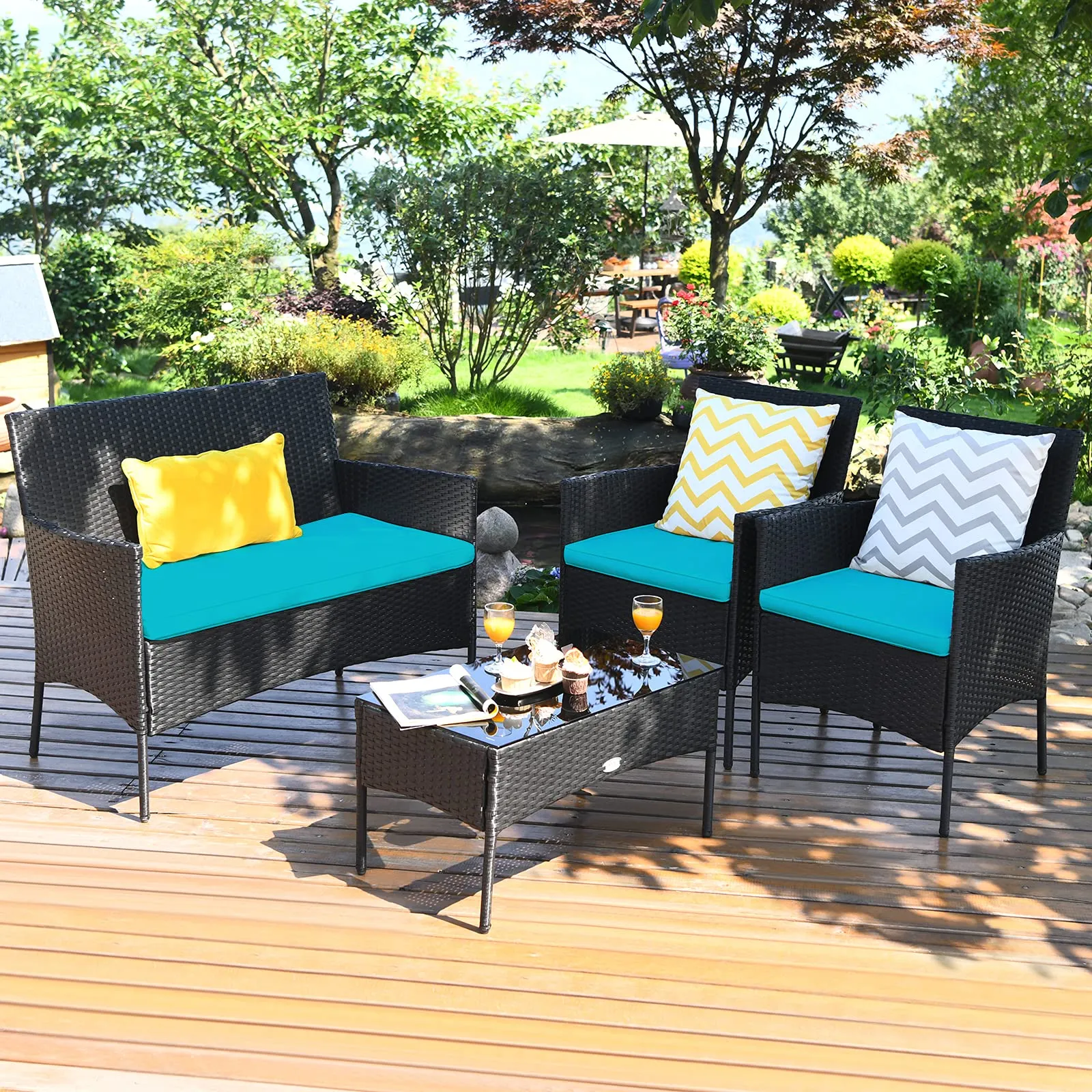 Tangkula Patio Furniture Set, Outdoor Wicker Conversation Set with Tempered Glass Coffee Table
