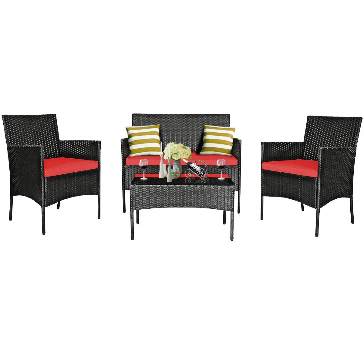 Tangkula Patio Furniture Set, Outdoor Wicker Conversation Set with Tempered Glass Coffee Table