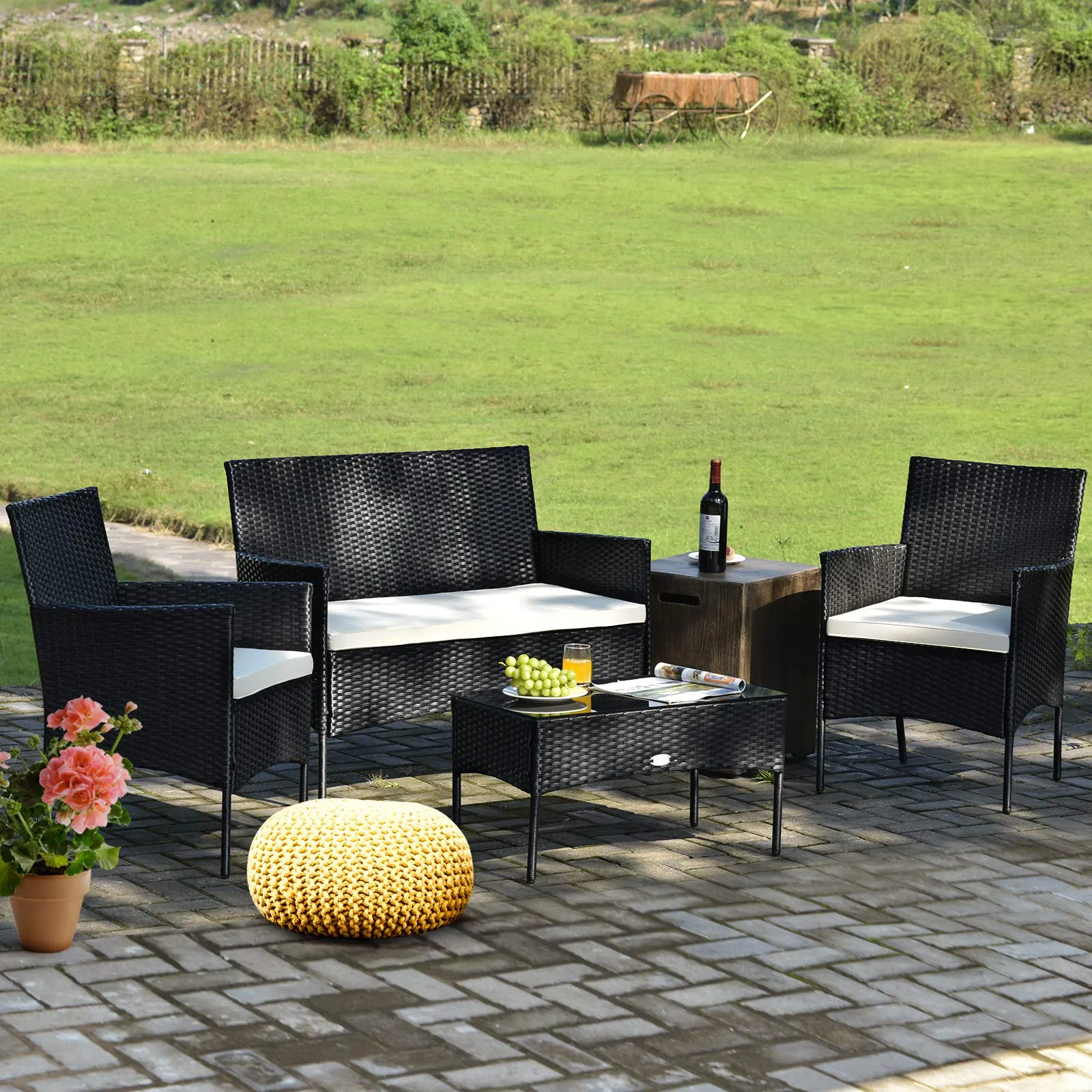 Tangkula Patio Furniture Set, Outdoor Wicker Conversation Set with Tempered Glass Coffee Table