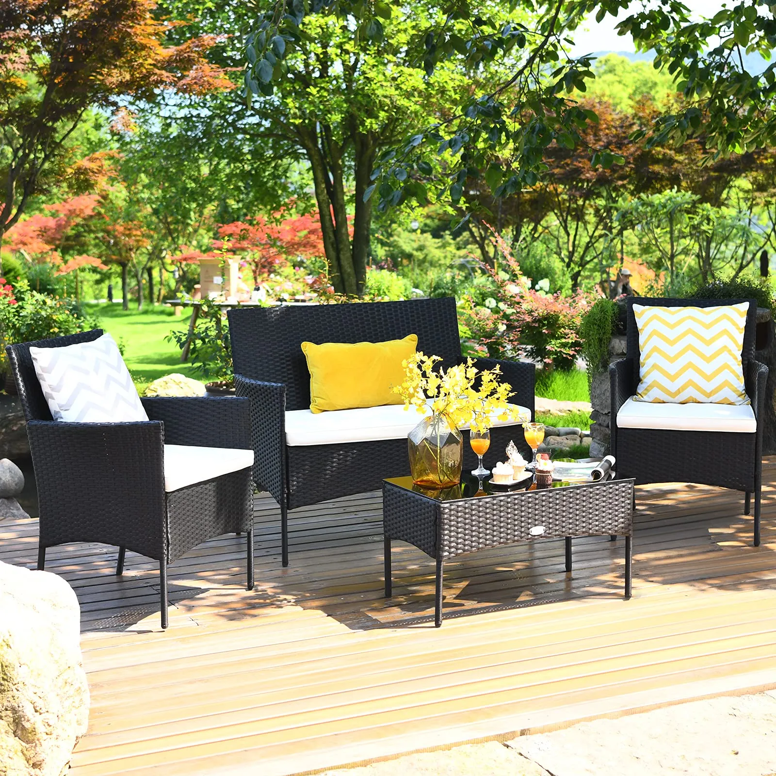 Tangkula Patio Furniture Set, Outdoor Wicker Conversation Set with Tempered Glass Coffee Table