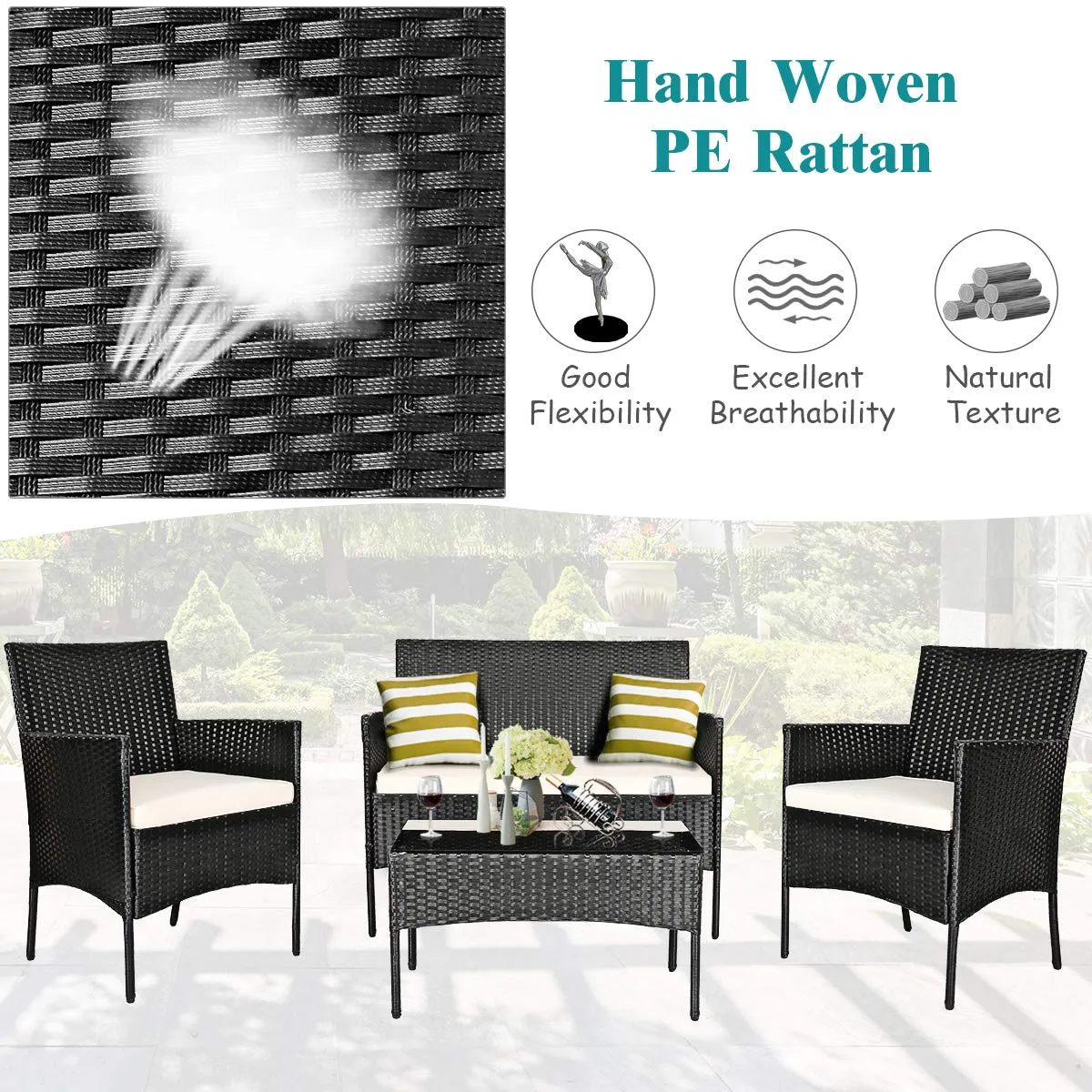 Tangkula Patio Furniture Set, Outdoor Wicker Conversation Set with Tempered Glass Coffee Table