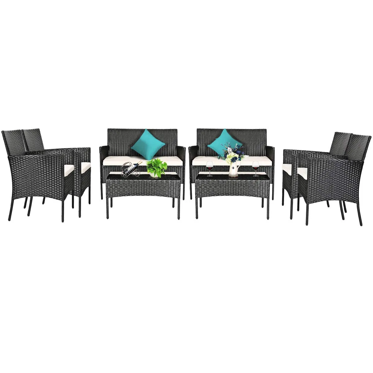 Tangkula Patio Furniture Set, Outdoor Wicker Conversation Set with Tempered Glass Coffee Table