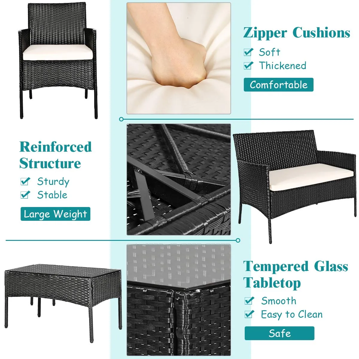 Tangkula Patio Furniture Set, Outdoor Wicker Conversation Set with Tempered Glass Coffee Table