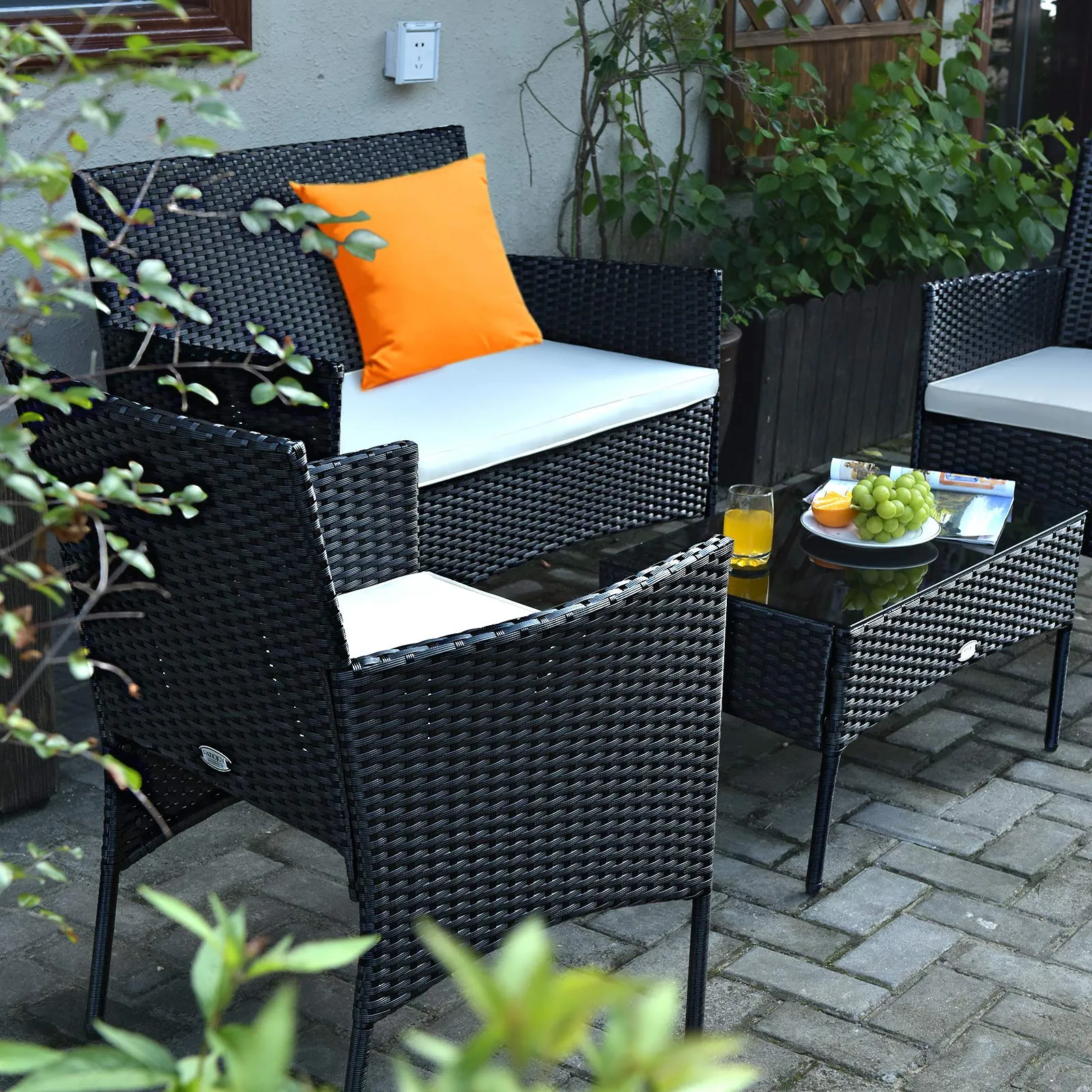 Tangkula Patio Furniture Set, Outdoor Wicker Conversation Set with Tempered Glass Coffee Table