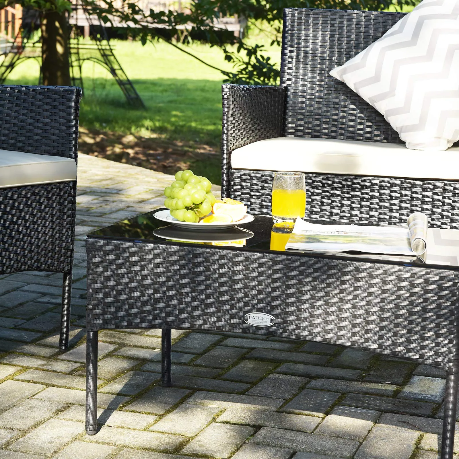 Tangkula Patio Furniture Set, Outdoor Wicker Conversation Set with Tempered Glass Coffee Table