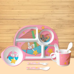 THE LITTLE LOOKERS Eco Friendly Bamboo Fibre 5 Pcs Kids Dining Set (Plate, Bowl, Spoon, Fork & Cup)