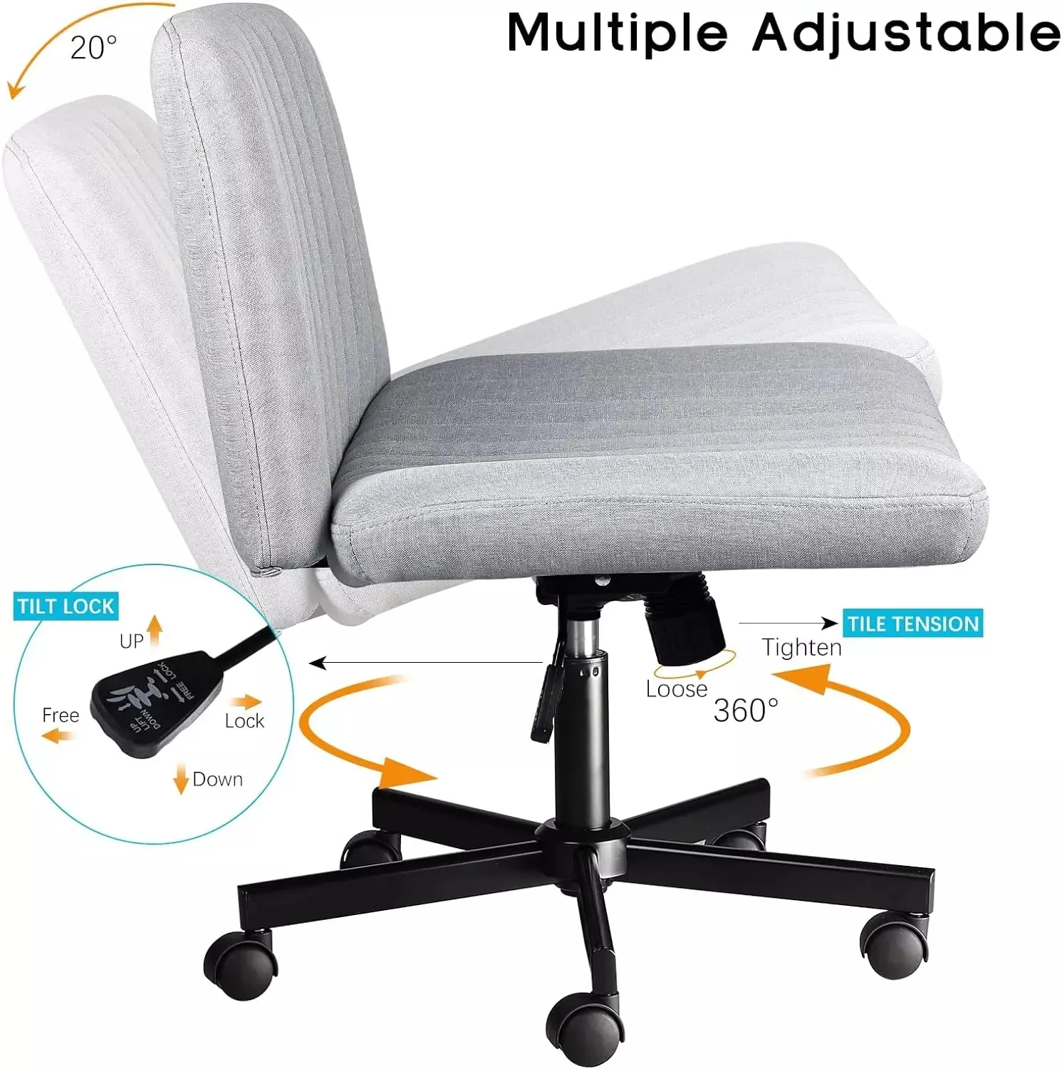 Vitesse Armless Office Desk Chair with Wheels, Fabric Padded Cross Legged Chair