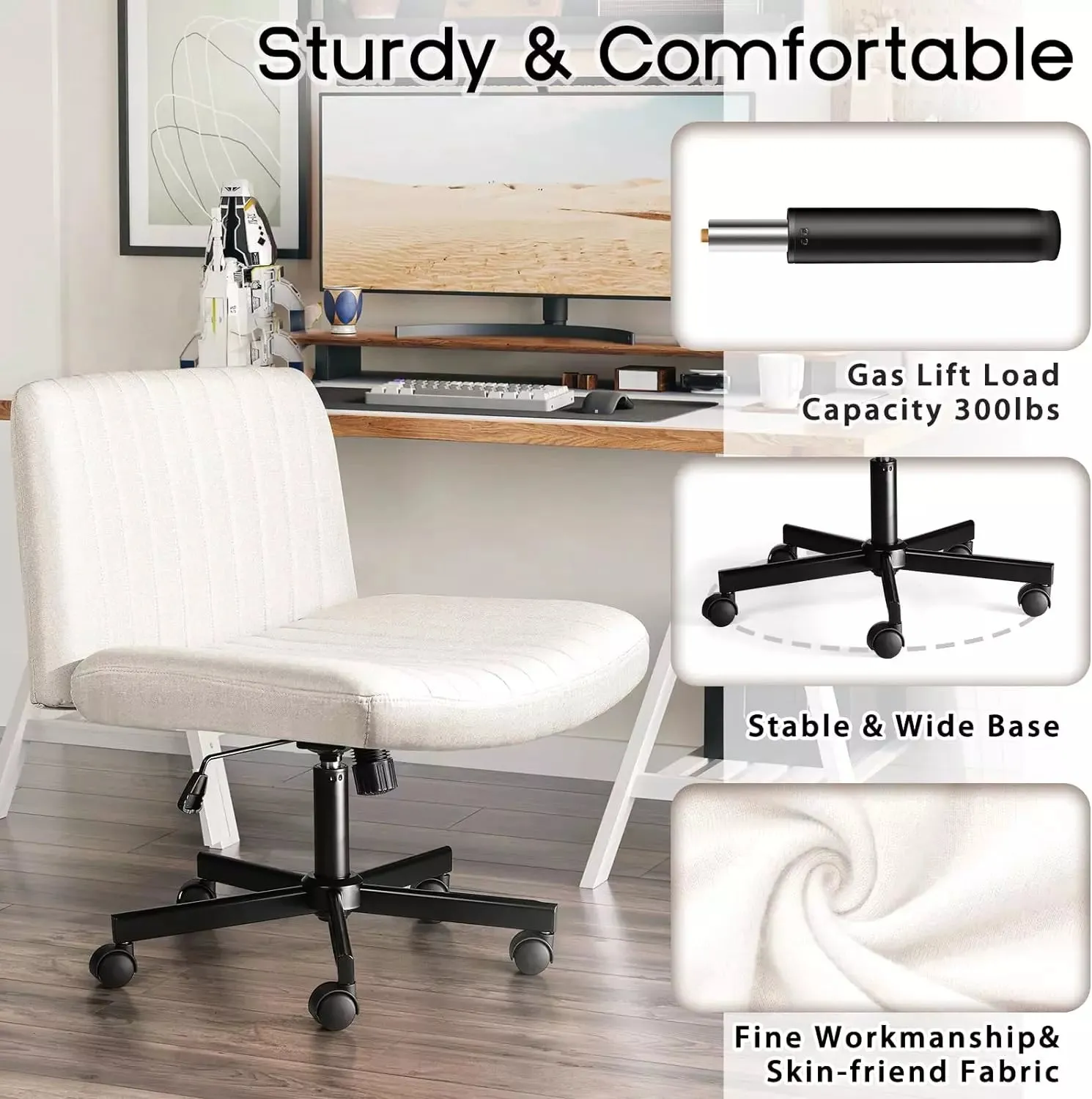 Vitesse Armless Office Desk Chair with Wheels, Fabric Padded Cross Legged Chair