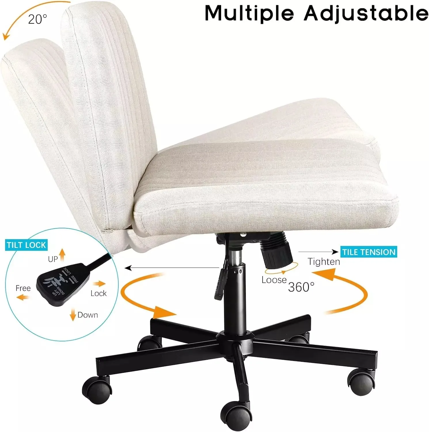 Vitesse Armless Office Desk Chair with Wheels, Fabric Padded Cross Legged Chair