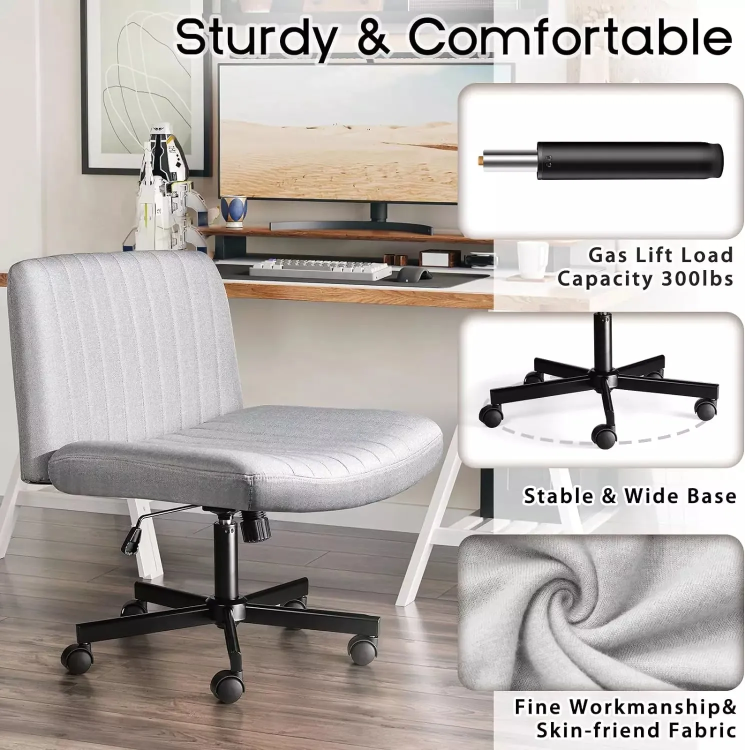 Vitesse Armless Office Desk Chair with Wheels, Fabric Padded Cross Legged Chair